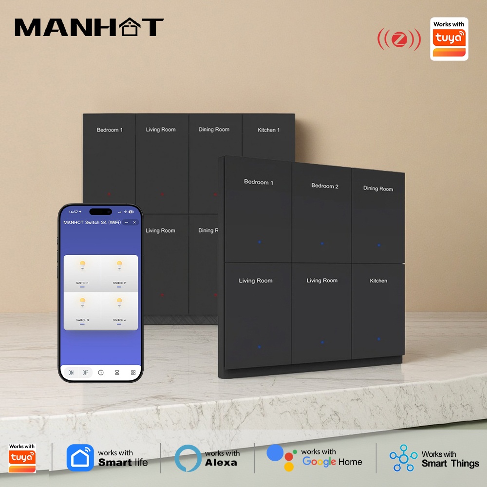 Smart Home Lighting Control - Manhot DIYネームスイッチZigbeeスマートディスプレイ画面ブラックプッシュボタンライトスイッチ、Tuya、Alexa、Google Homeの音声制御に対応