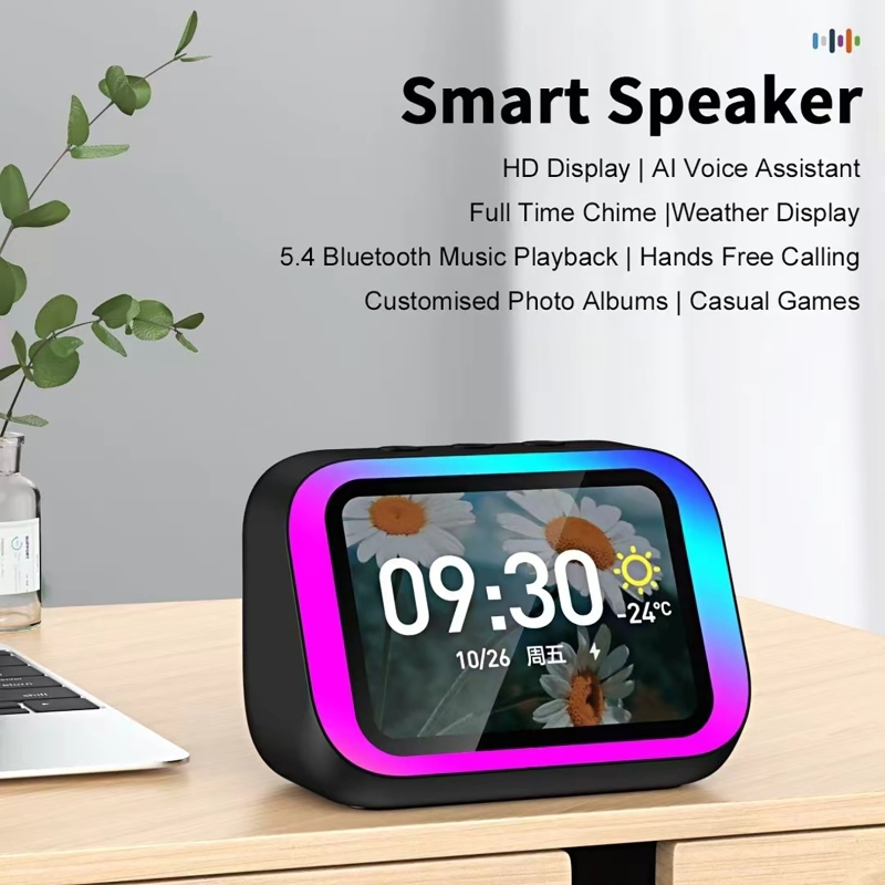 Smart Home Features - AI音声アシスタント Bluetoothスピーカー RGBカラー照明付き目覚まし時計 LEDスクリーン天気時計表示 電子スピーカー