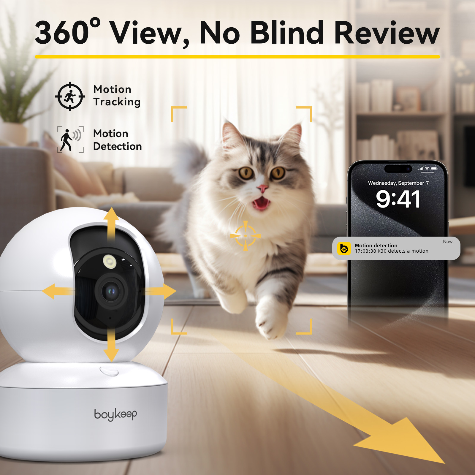 Smart Home Camera Ezviz - Boykeep 2K ペット犬用カメラ、電話アプリ付き、5G/2.4GHz WiFi 屋内セキュリティベビーカメラ、360 °